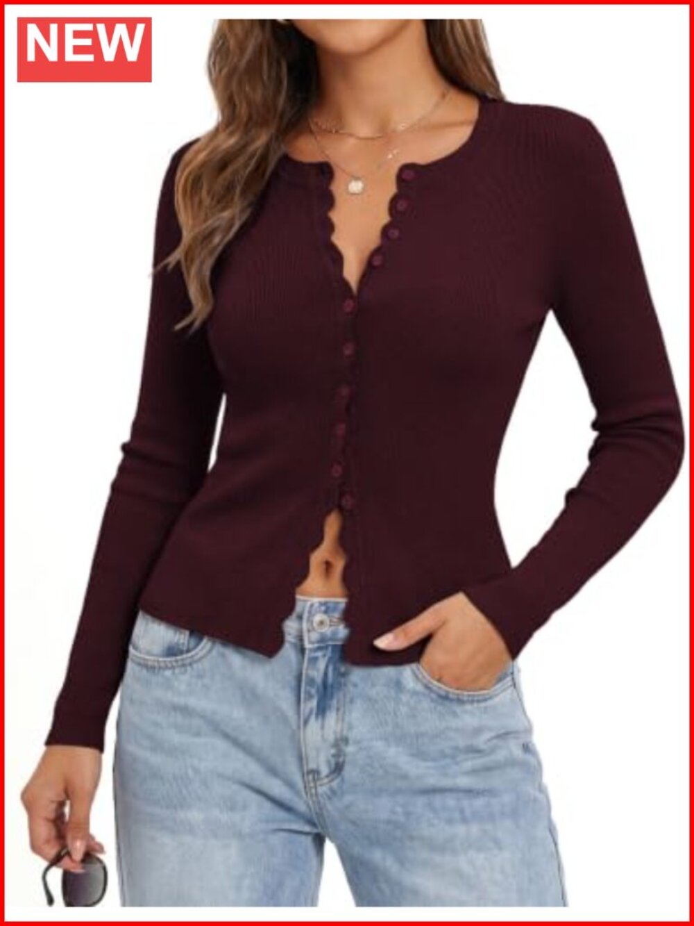 Cropped Cardigan Button Up Scalloped Slim Fit Long Sleeve Knit Top